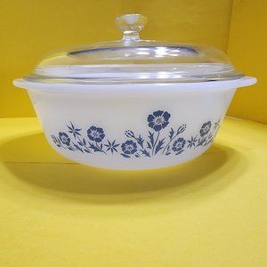 Glasbake Round  w glass lid 8" Maid of Honor line Blue Floral Vintage 🌼💙